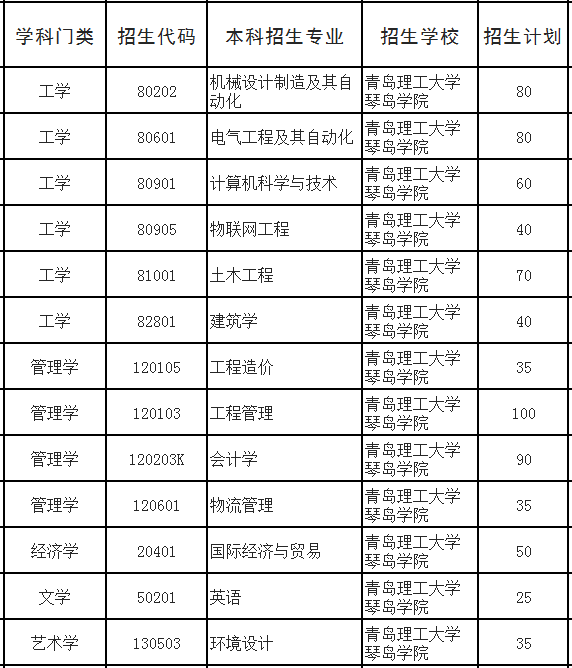 2020年青岛理工大学琴岛学院专升本招生计划及专业