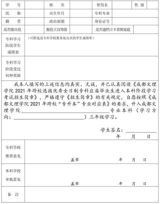 成都文理学院2021年跨校专升本考试招生简章