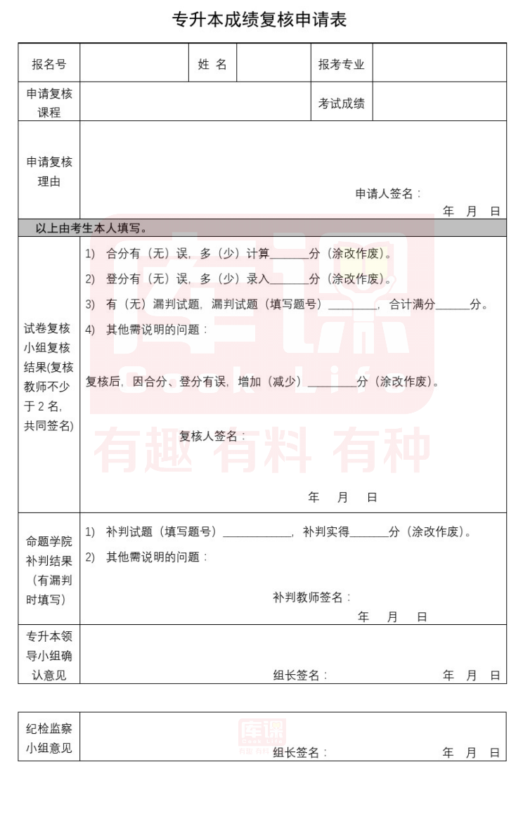 山东专升本成绩复核申请表 山东专升本成绩复核申请表
