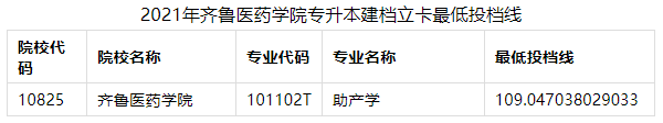 2021齐鲁医药学院专升本建档立卡投档分数线