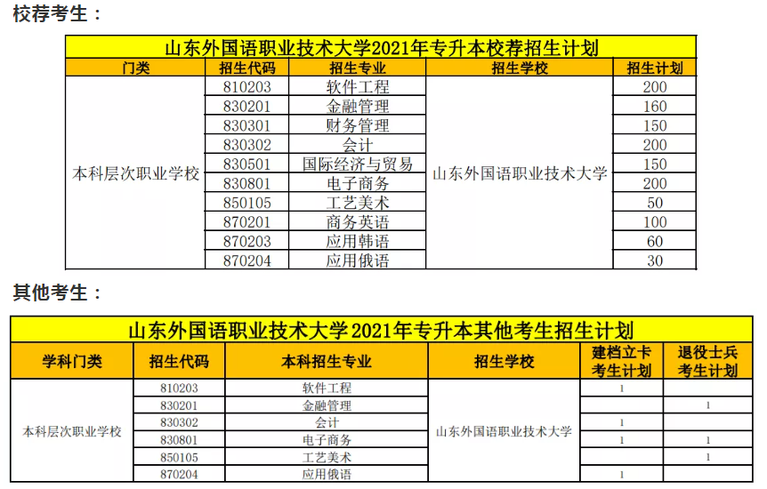 山东外国语职业技术大学专升本招生计划及分数线2021