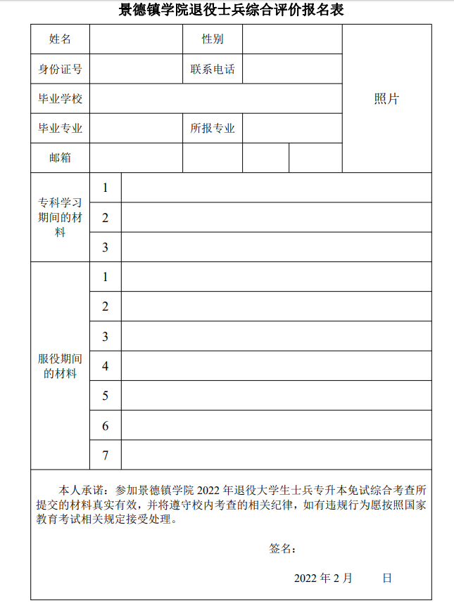 2022年景德镇学院退役士兵专升本免试招生简章
