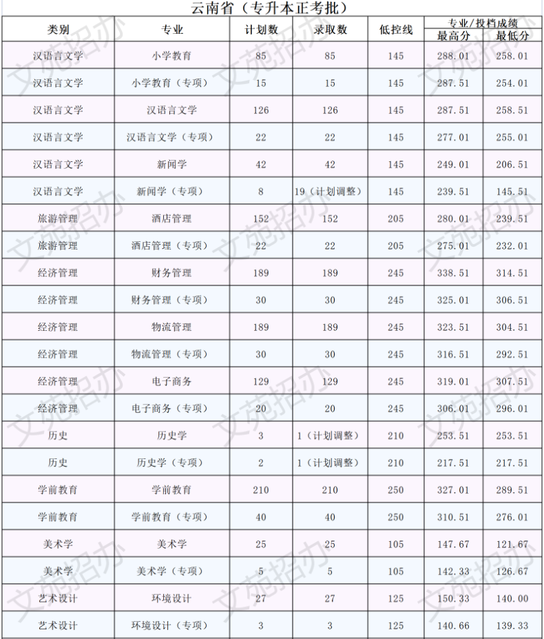 文山学院2022年专升本录取分数统计(含缓考)
