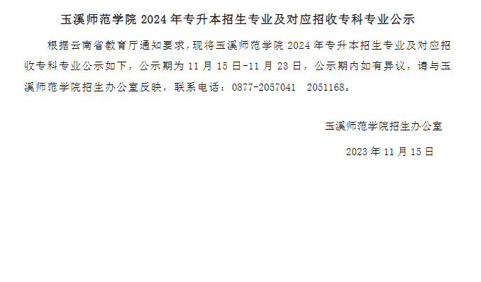 玉溪师范学院2024年专升本专业及对应专科专业