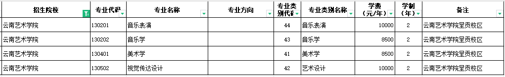 2024云南艺术学院专升本专业