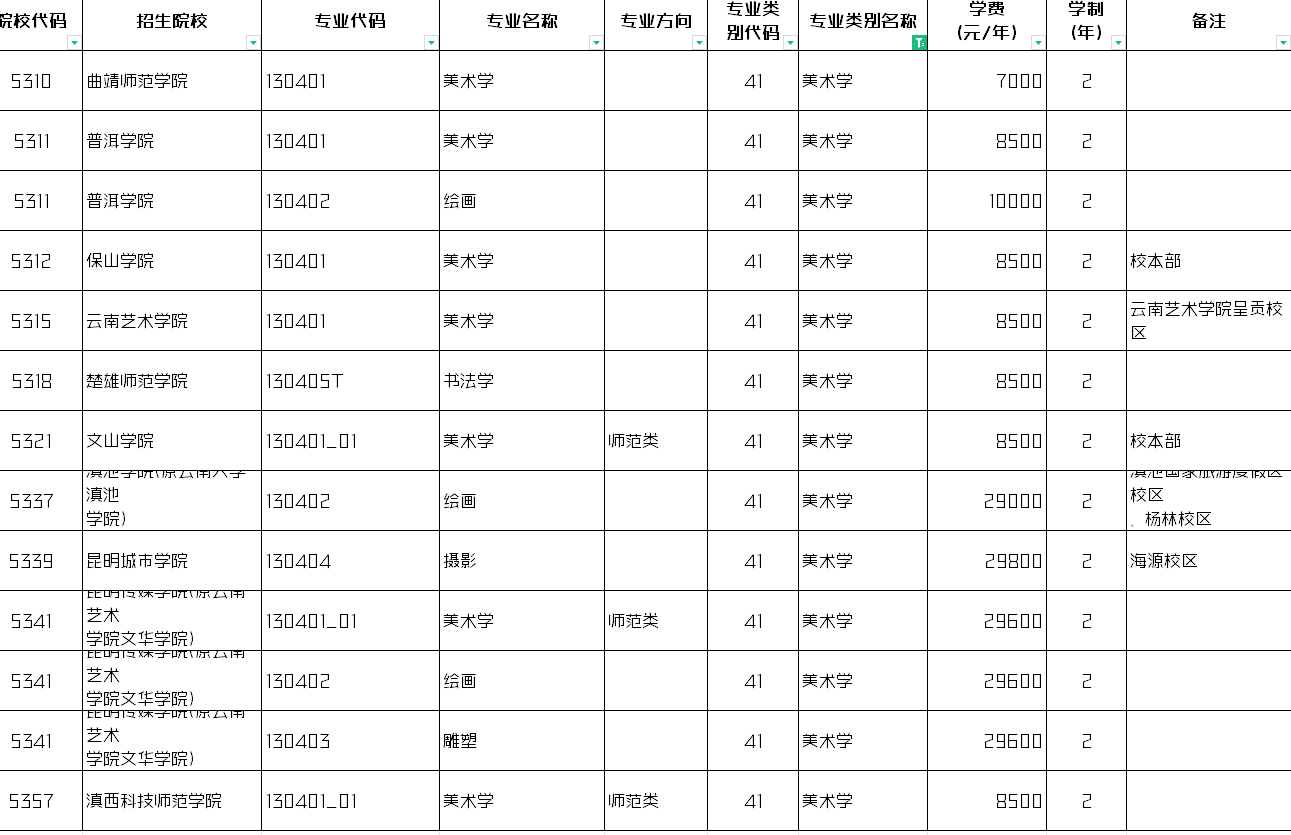 2024年云南专升本美术学类招生专业