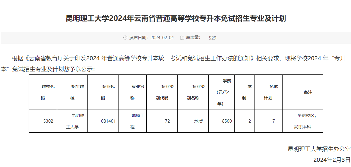 昆明理工大学2024年云南省普通高等学校专升本免试招生专业及计划