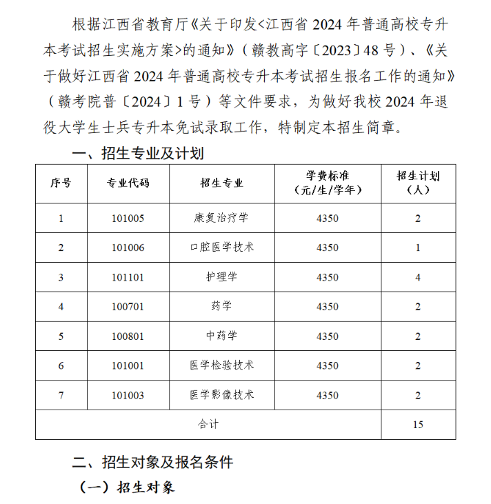 2024年南昌医学院退役士兵专升本免试招生简章