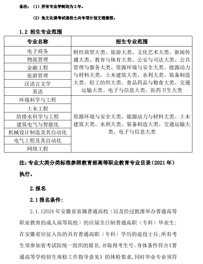 皖西学院普通高校专升本招生专业范围