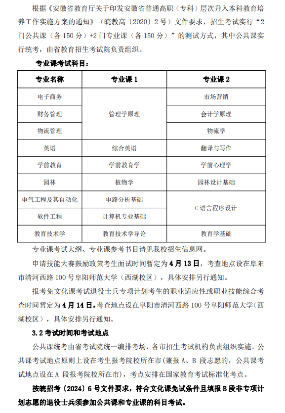 2024年阜阳师范大学普通高校专升本招生章程
