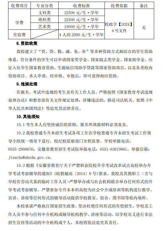 马鞍山学院2024年普通高校专升本招生章程