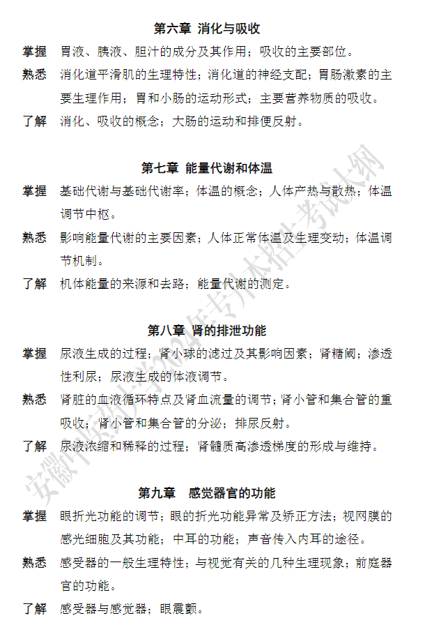 安徽中医药大学专升本《解剖生理学》课程考试大纲