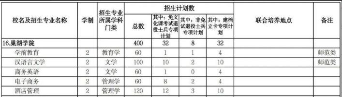 巢湖学院专升本招生计划2024