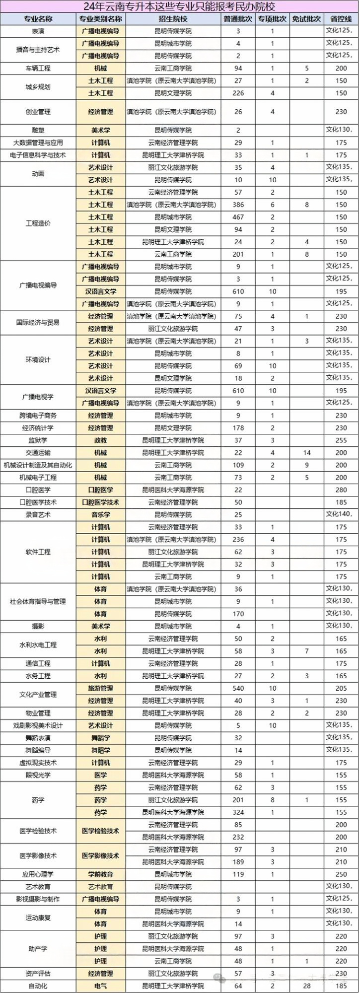 2024年云南专升本只有民办院校招生的专业