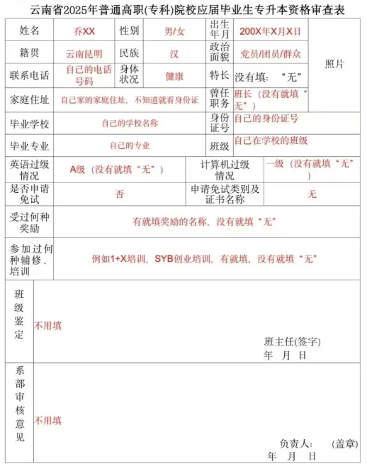 2025年云南省普通专升本资格审查表如何填写?