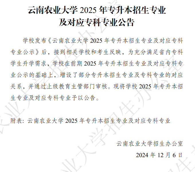2025云南农业大学专升本招生简章